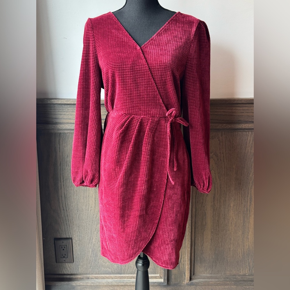 Simplee Apparel Red Ribbed Wrap Dress with Bishop Sleeves nwt